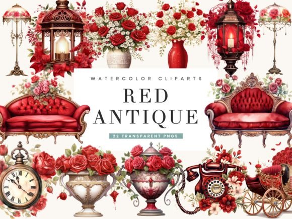 Download Watercolor Red Antique Clipart Bundle - Antique Collection