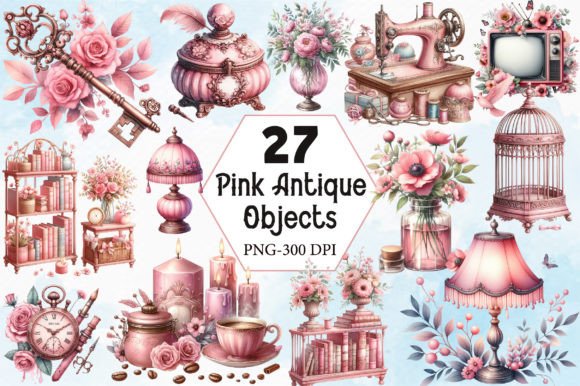 Download Watercolor Pink Antique Objects Clipart - Antique Collection