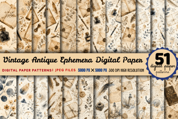 Download Vintage Antique Ephemera Digital Paper - Antique Collection